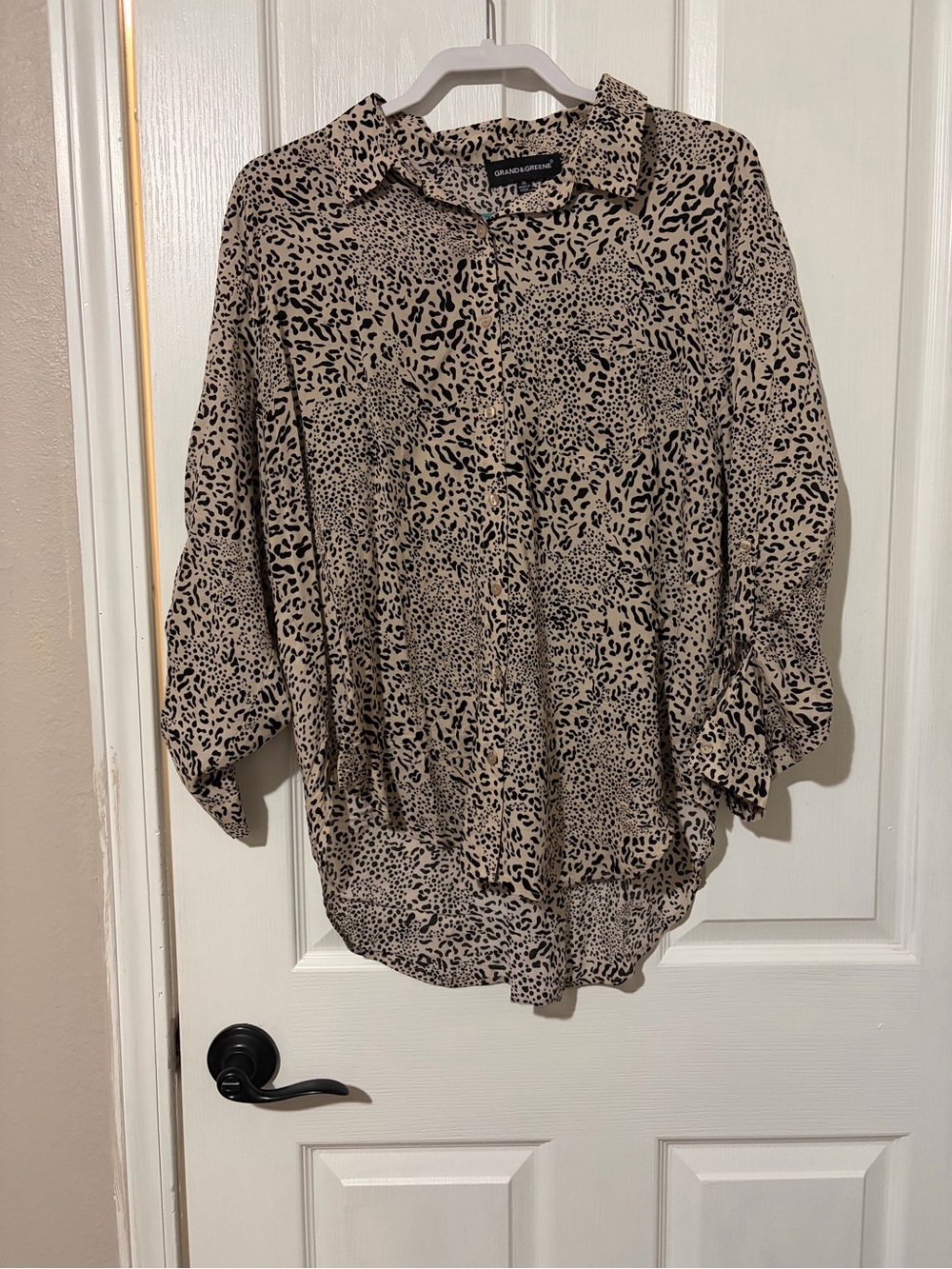 grand & greene Beige and Black Animal Print Button-Down Blouse